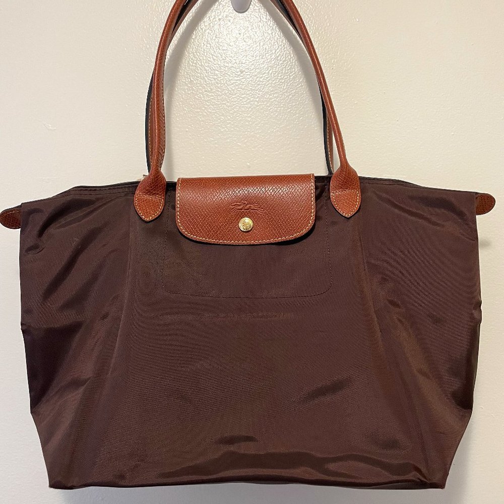 Womens Brown Longchamp Le Pliage Nylon Tote Handbag Shoulder Bag Size L